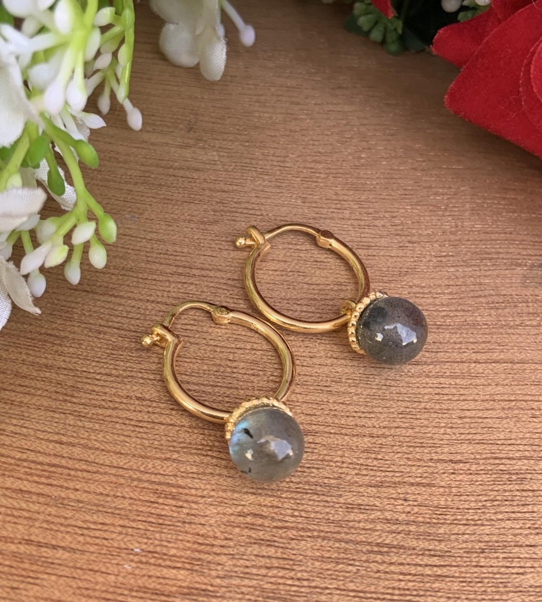 Labradorite Hoop Earrings 925 Sterling Silver Gold Plated Huggie Earrings - BeadsBoatInc