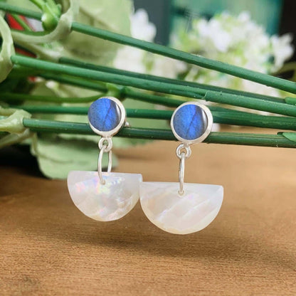 Labradorite & Mother of Pearl Dangle Earrings – Handmade 925 Silver Jewelry - BeadsBoatInc