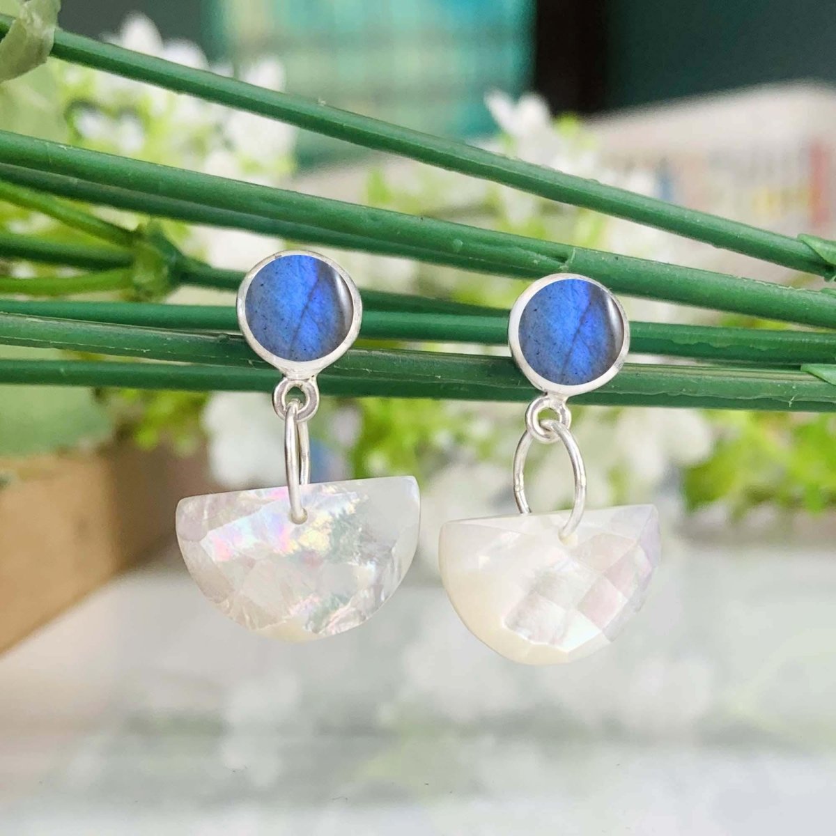 Labradorite & Mother of Pearl Dangle Earrings – Handmade 925 Silver Jewelry - BeadsBoatInc