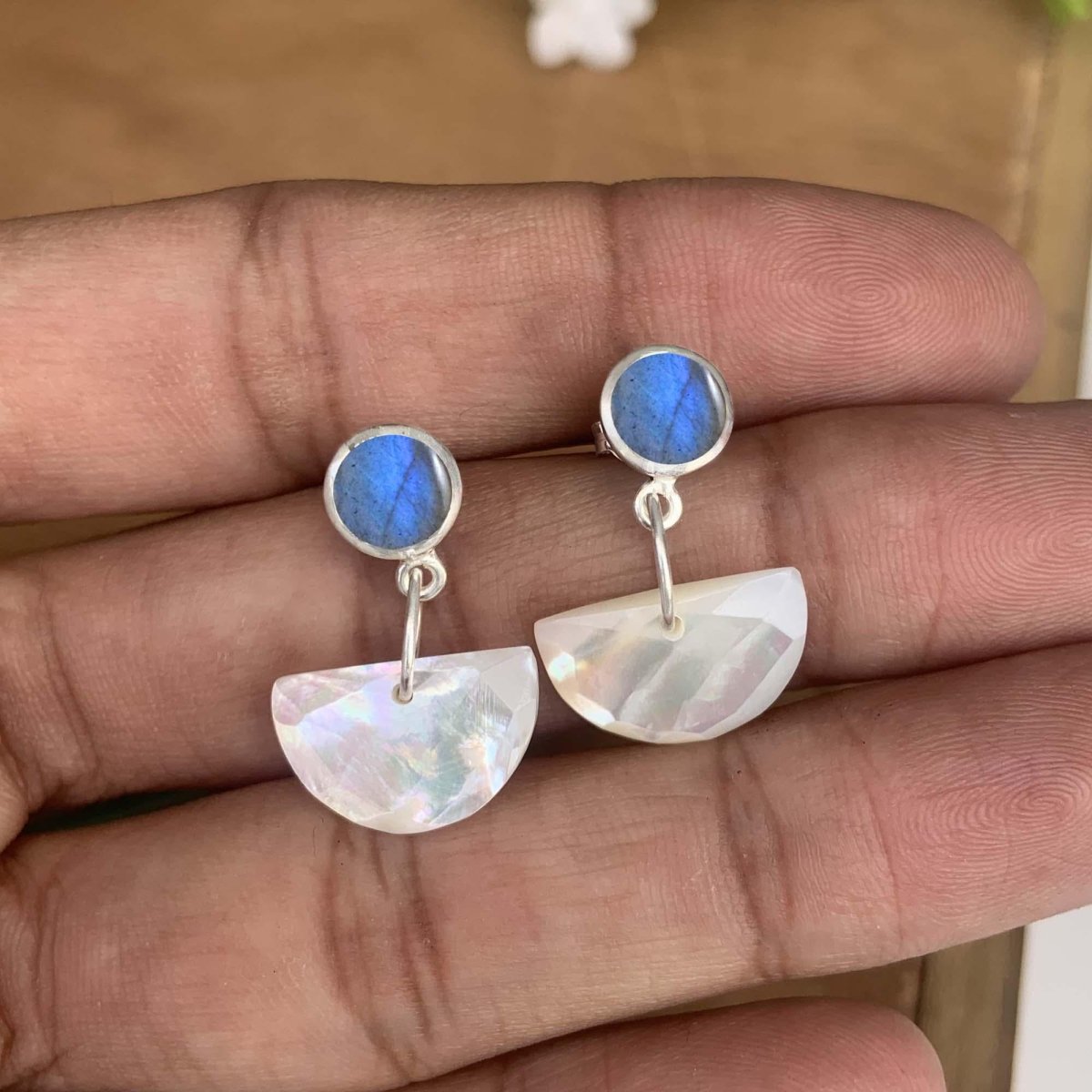 Labradorite & Mother of Pearl Dangle Earrings – Handmade 925 Silver Jewelry - BeadsBoatInc