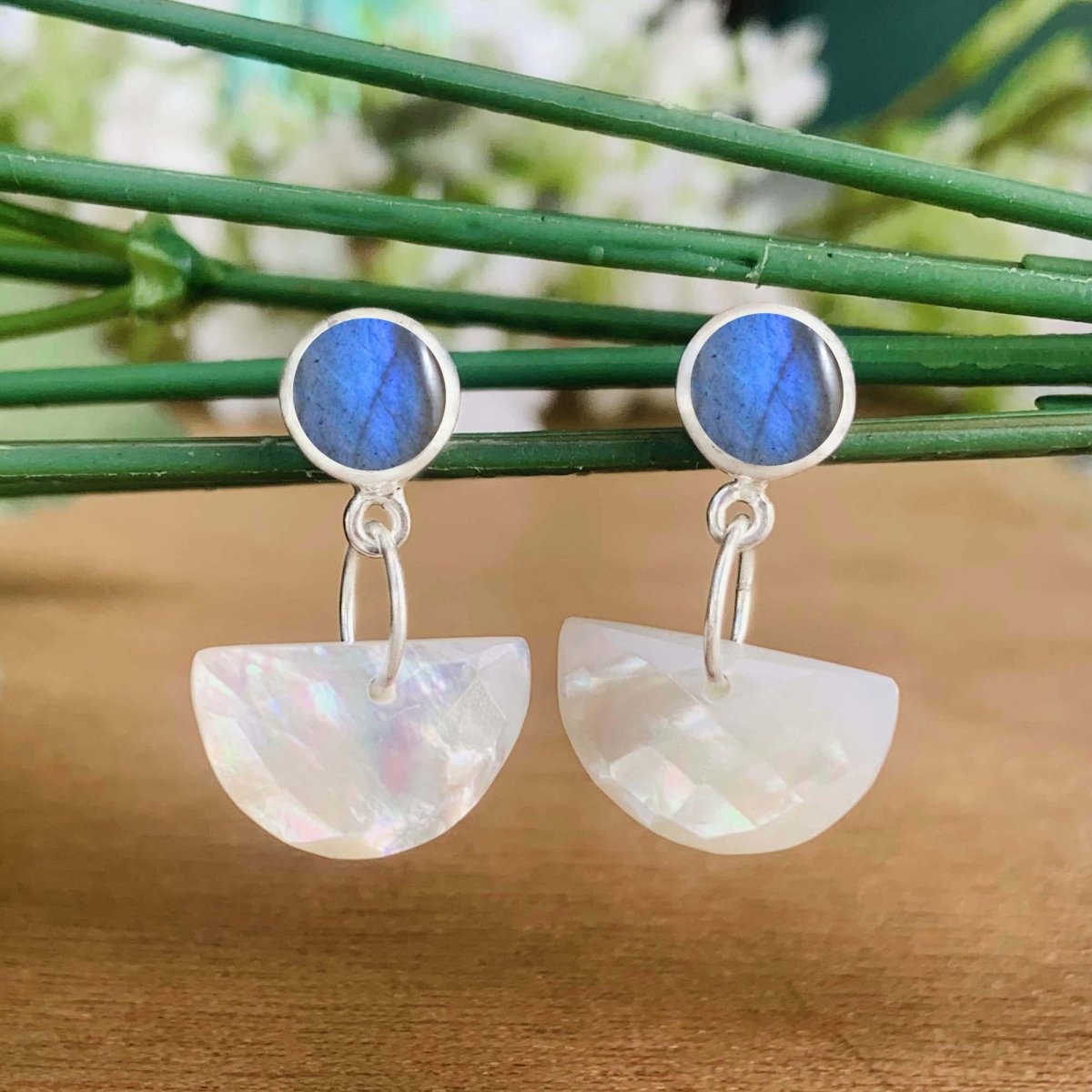 Labradorite & Mother of Pearl Dangle Earrings – Handmade 925 Silver Jewelry - BeadsBoatInc