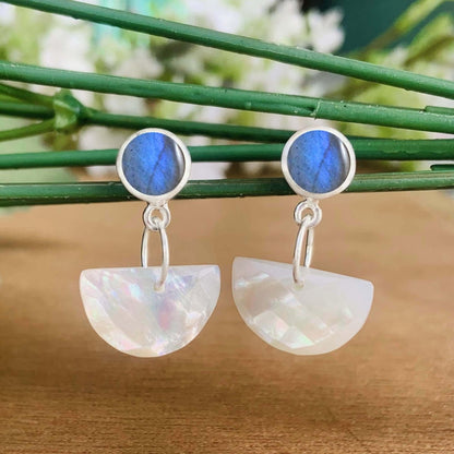 Labradorite & Mother of Pearl Dangle Earrings – Handmade 925 Silver Jewelry - BeadsBoatInc