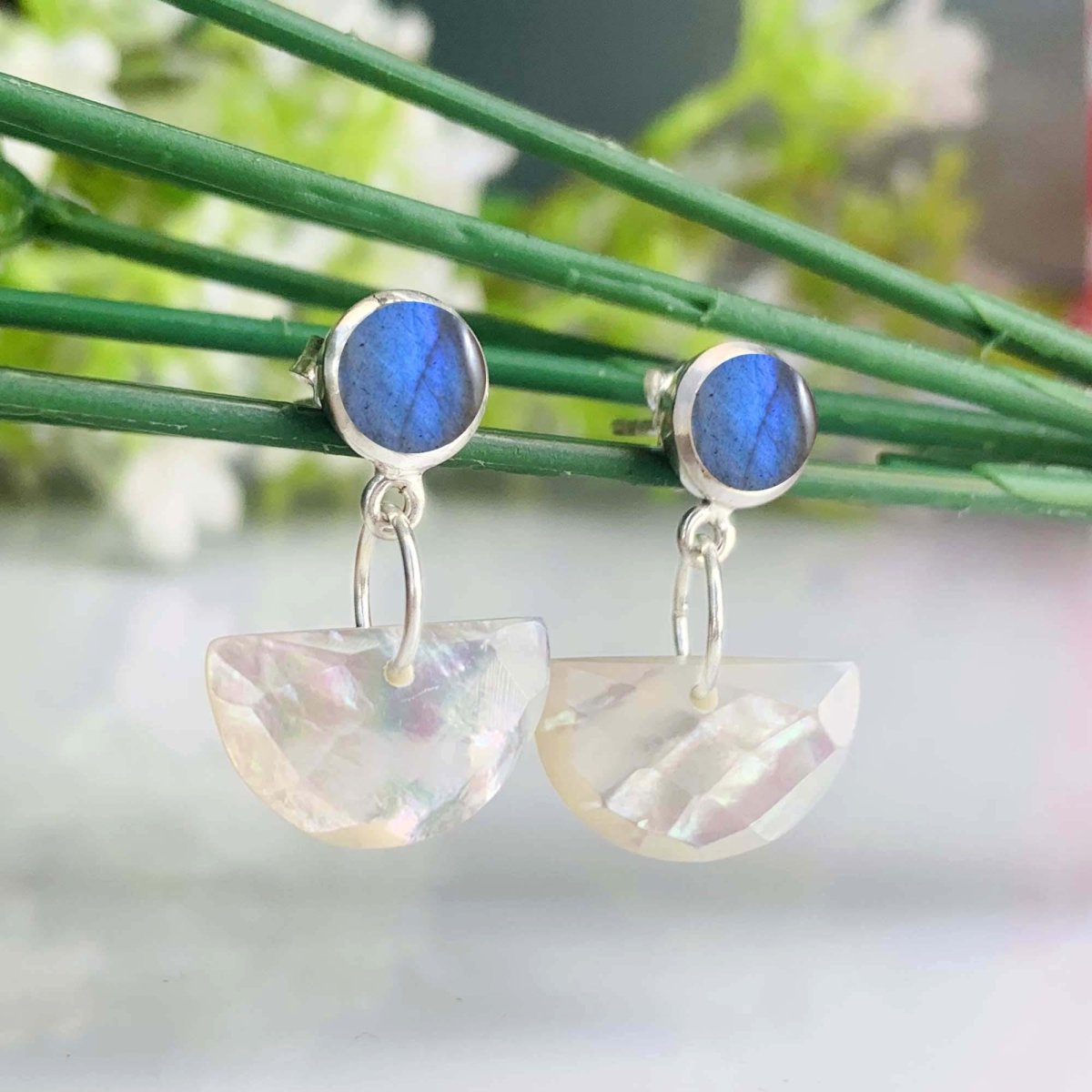 Labradorite & Mother of Pearl Dangle Earrings – Handmade 925 Silver Jewelry - BeadsBoatInc