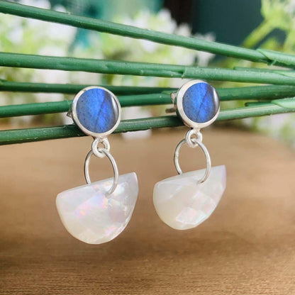 Labradorite & Mother of Pearl Dangle Earrings – Handmade 925 Silver Jewelry - BeadsBoatInc