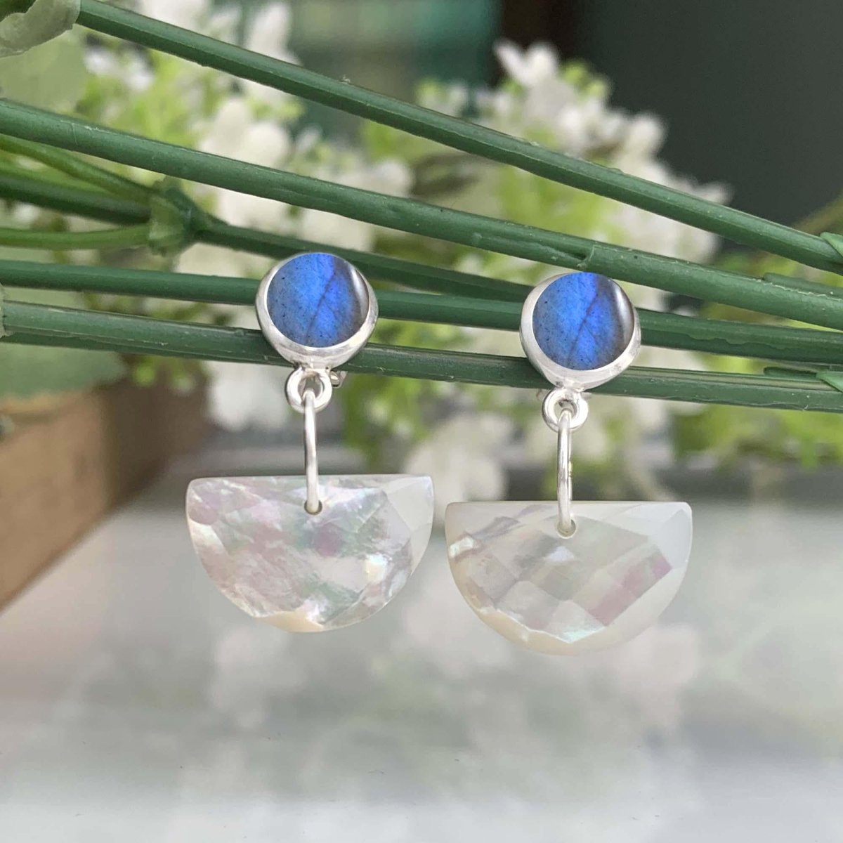 Labradorite & Mother of Pearl Dangle Earrings – Handmade 925 Silver Jewelry - BeadsBoatInc