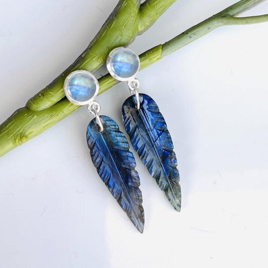 Labradorite & Rainbow Moonstone Dangle Earrings - 925 Sterling Silver - BeadsBoatInc