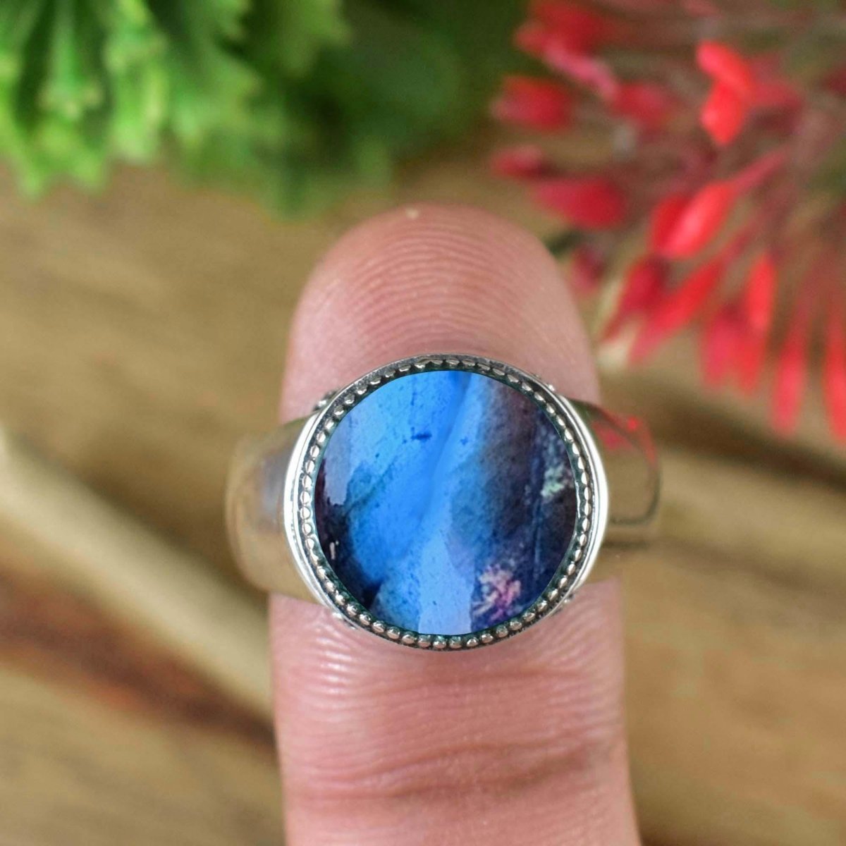 Labradorite Signet Ring ~ Boho Silver & Gold Statement Ring for Men & Women - BeadsBoatInc