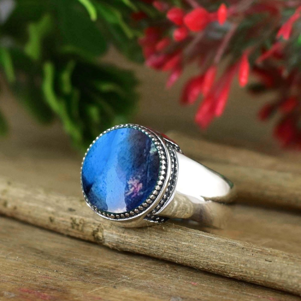 Labradorite Signet Ring ~ Boho Silver & Gold Statement Ring for Men & Women - BeadsBoatInc