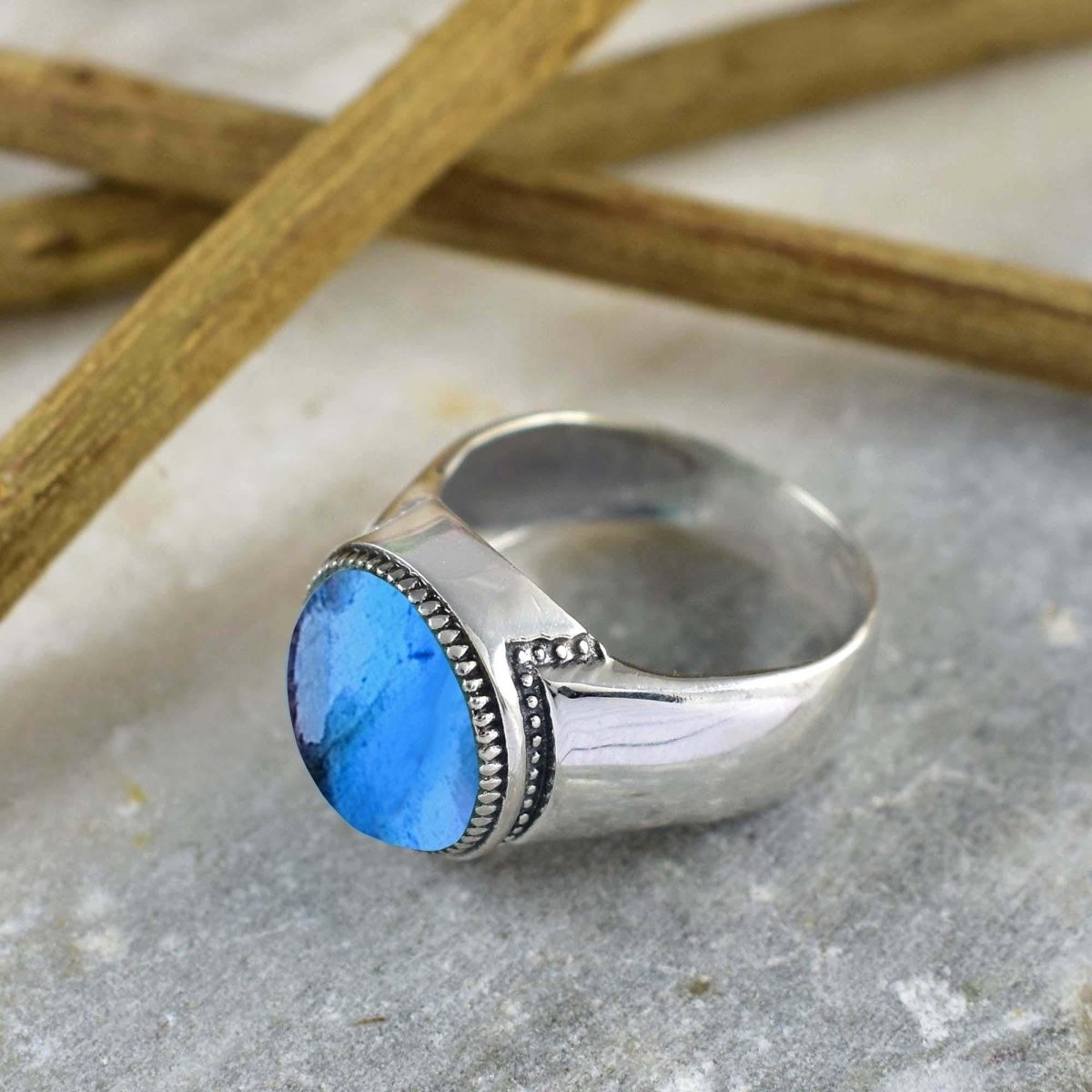 Labradorite Signet Ring ~ Boho Silver & Gold Statement Ring for Men & Women - BeadsBoatInc