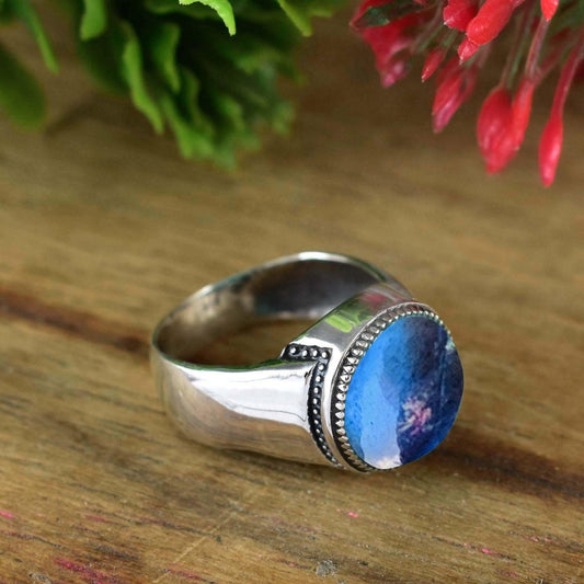 Labradorite Signet Ring ~ Boho Silver & Gold Statement Ring for Men & Women - BeadsBoatInc