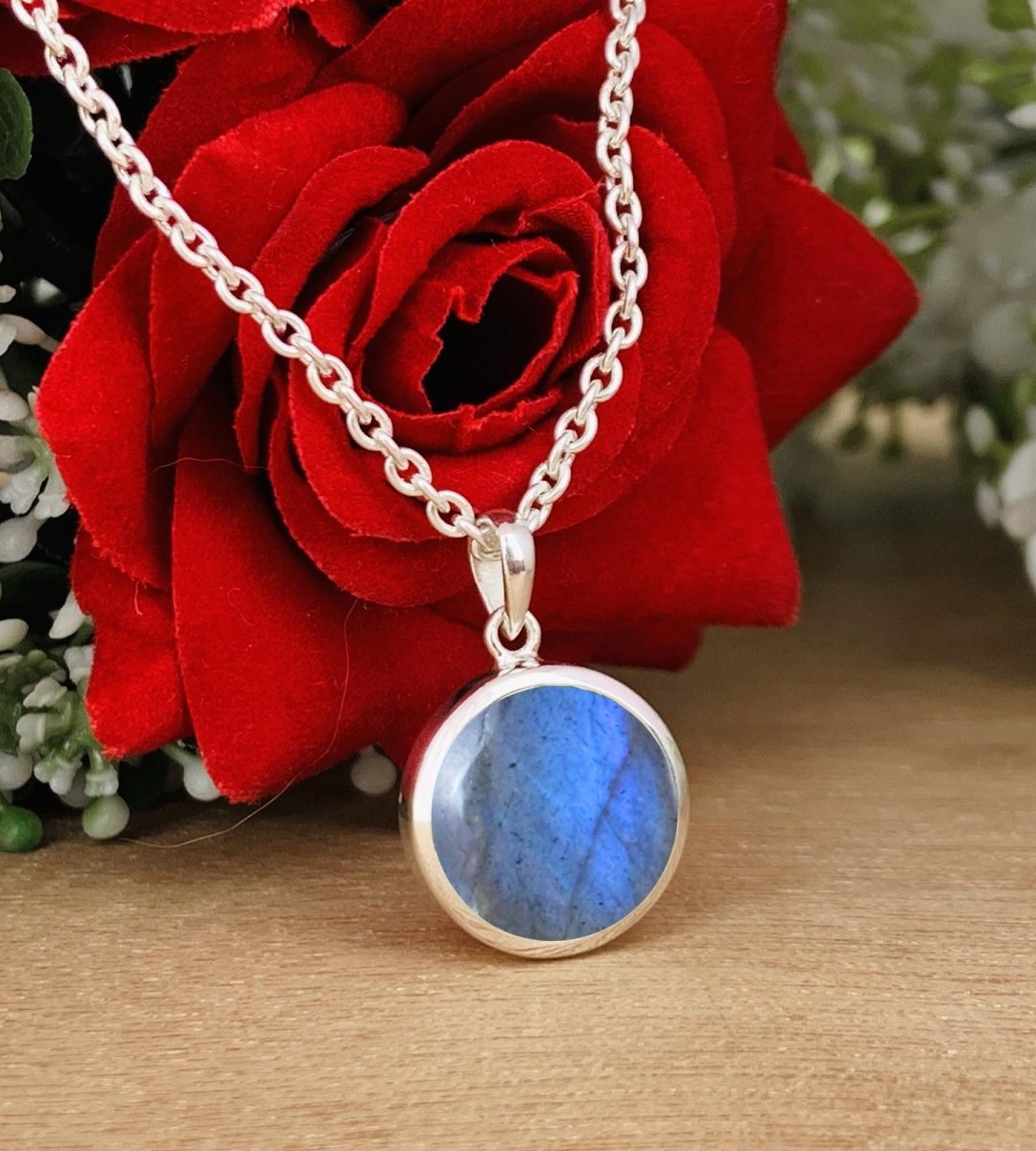 Labradorite Solitaire Necklace – Dainty Gold Vermeil or Sterling Silver Pendant - BeadsBoatInc