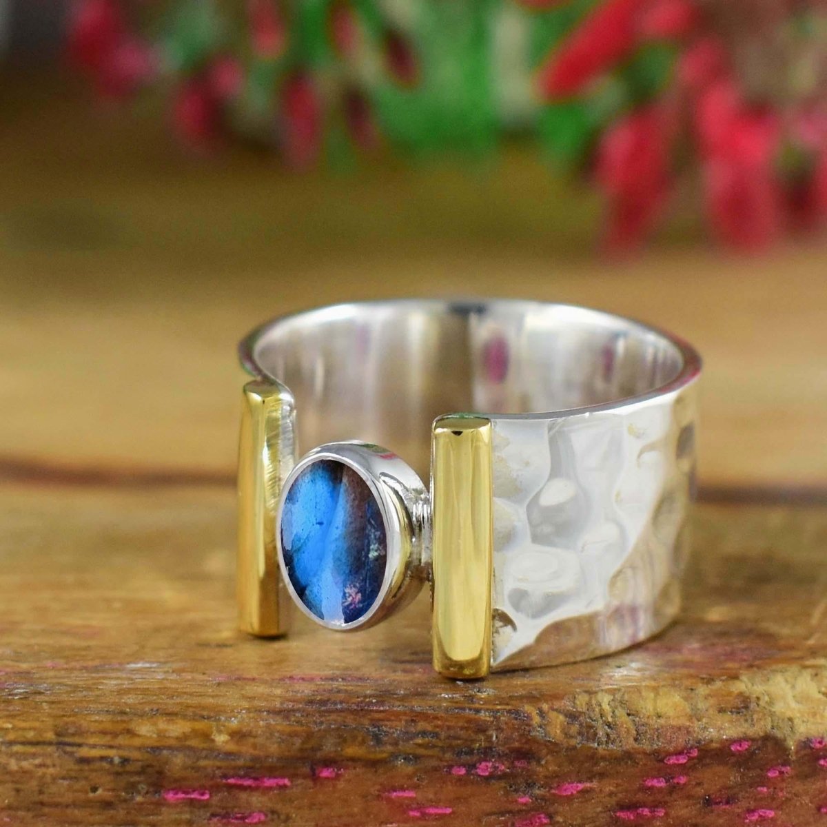Labradorite Statement Ring – Hammered Sterling Silver Wide Band Boho Style - BeadsBoatInc