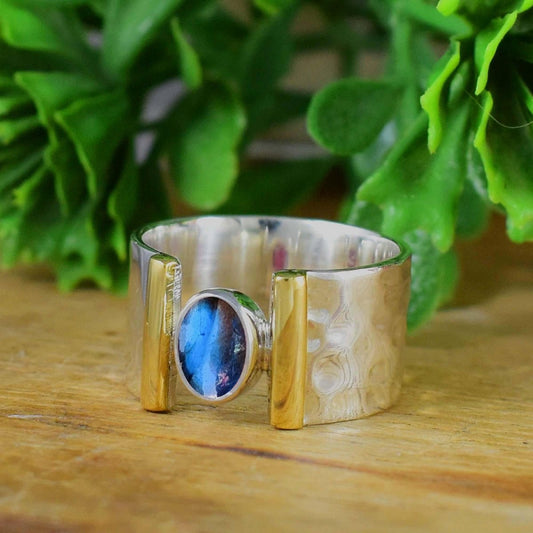 Labradorite Statement Ring – Hammered Sterling Silver Wide Band Boho Style - BeadsBoatInc