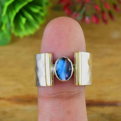Labradorite Statement Ring – Hammered Sterling Silver Wide Band Boho Style - BeadsBoatInc