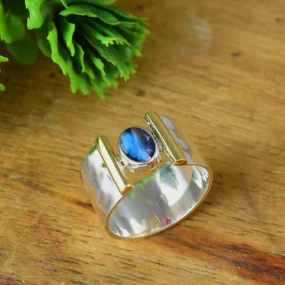 Labradorite Statement Ring – Hammered Sterling Silver Wide Band Boho Style - BeadsBoatInc
