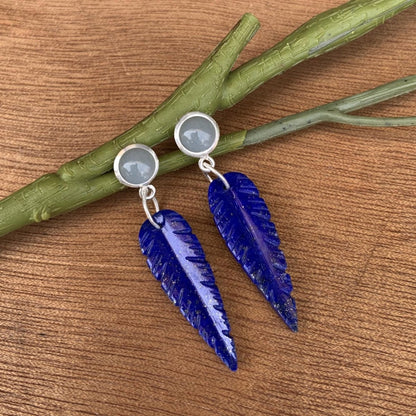 Lapis Lazuli & Moonstone Leaf Dangle Earrings - Handmade Sterling Silver - BeadsBoatInc