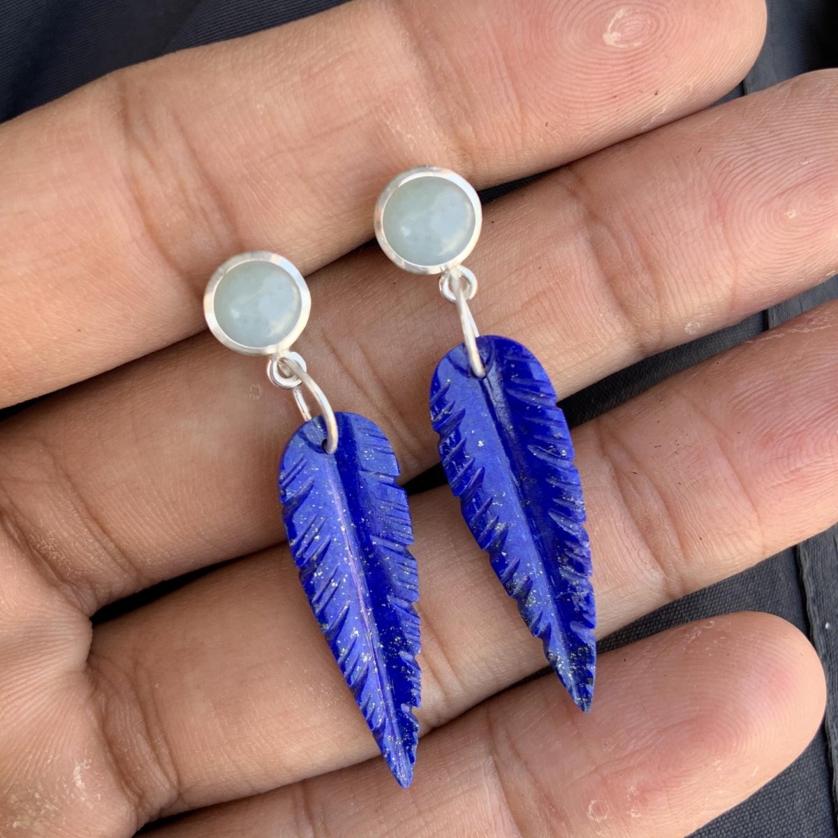 Lapis Lazuli & Moonstone Leaf Dangle Earrings - Handmade Sterling Silver - BeadsBoatInc