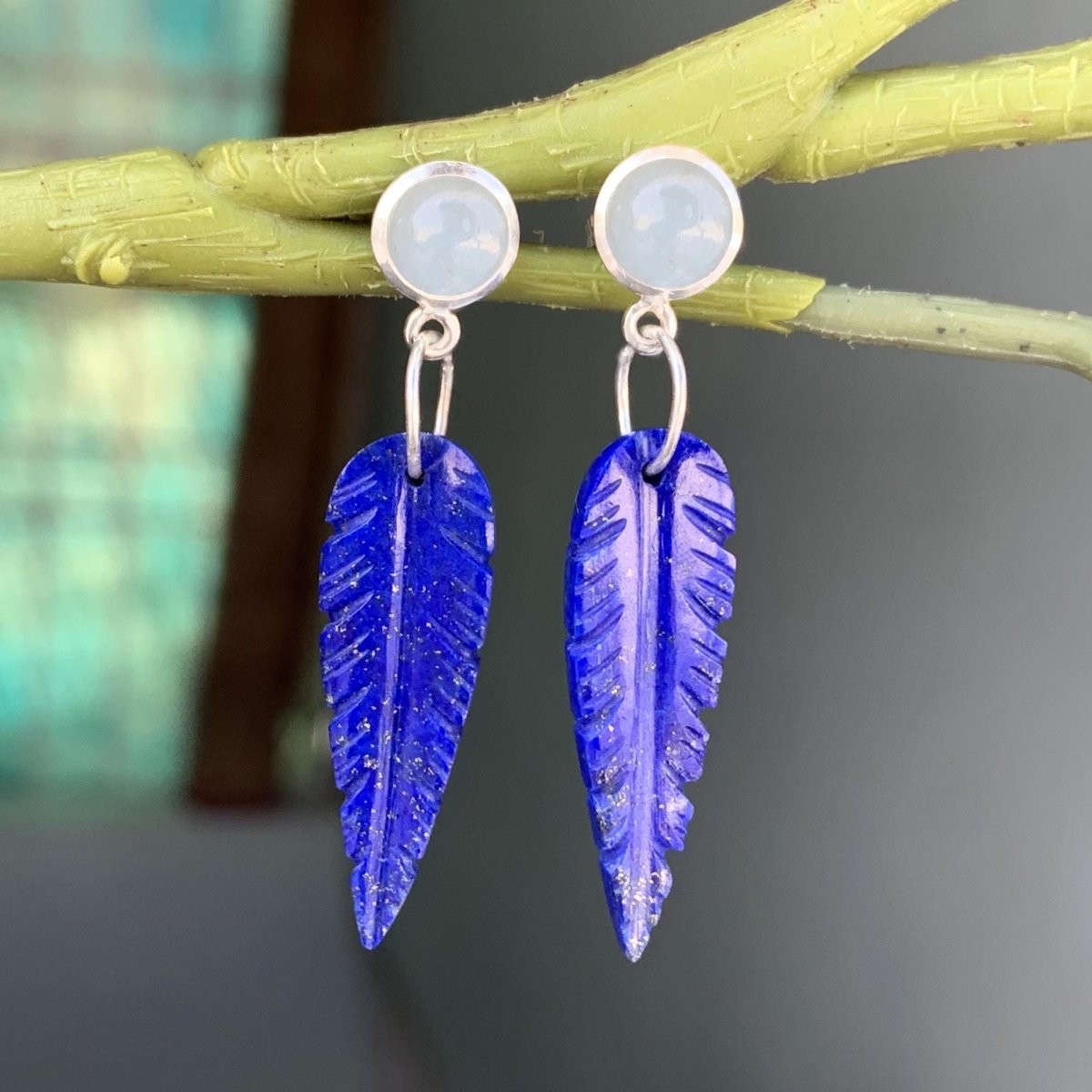 Lapis Lazuli & Moonstone Leaf Dangle Earrings - Handmade Sterling Silver - BeadsBoatInc