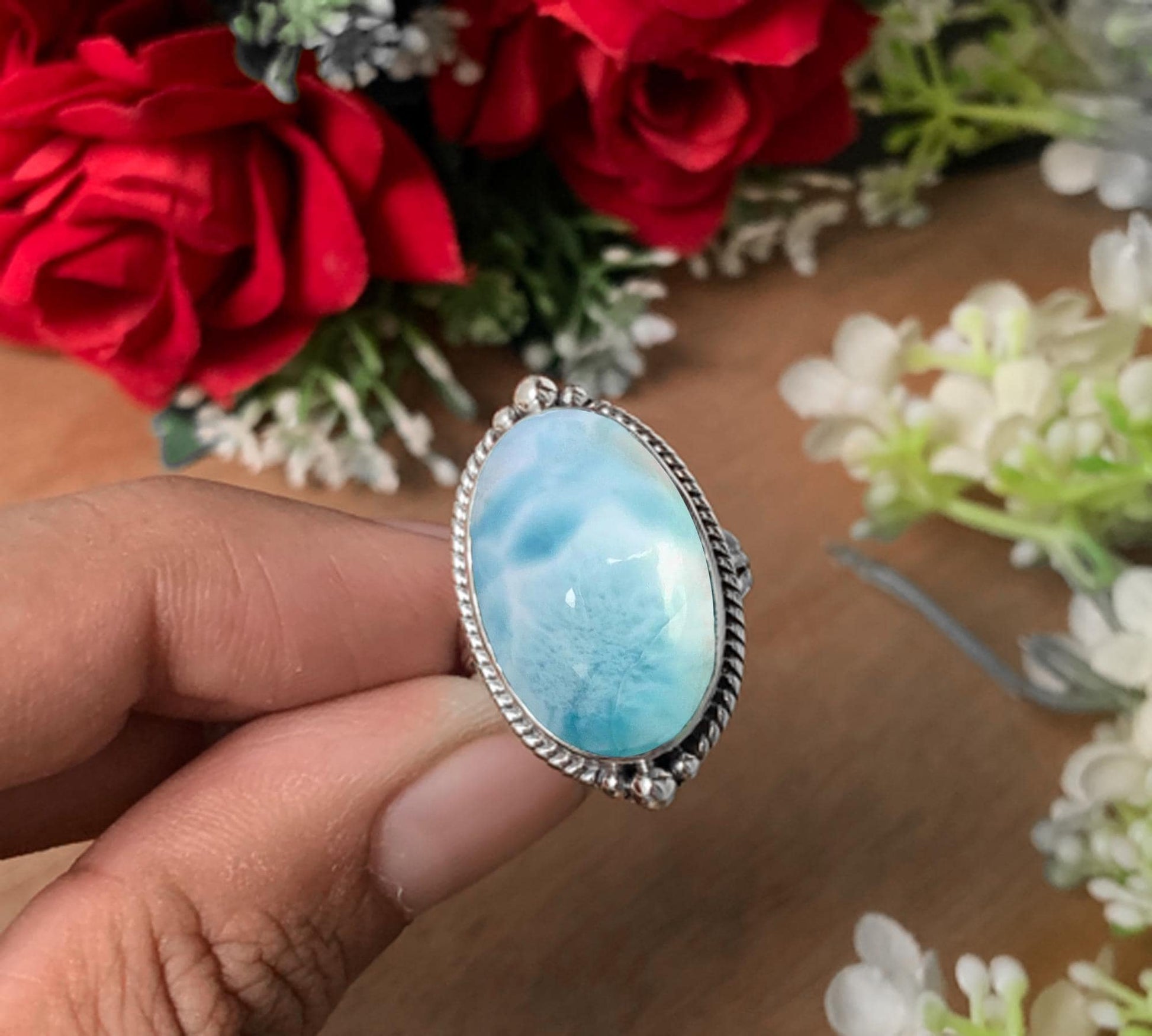 Larimar Statement Ring, Boho Sterling Silver Gemstone Ring - BeadsBoatInc