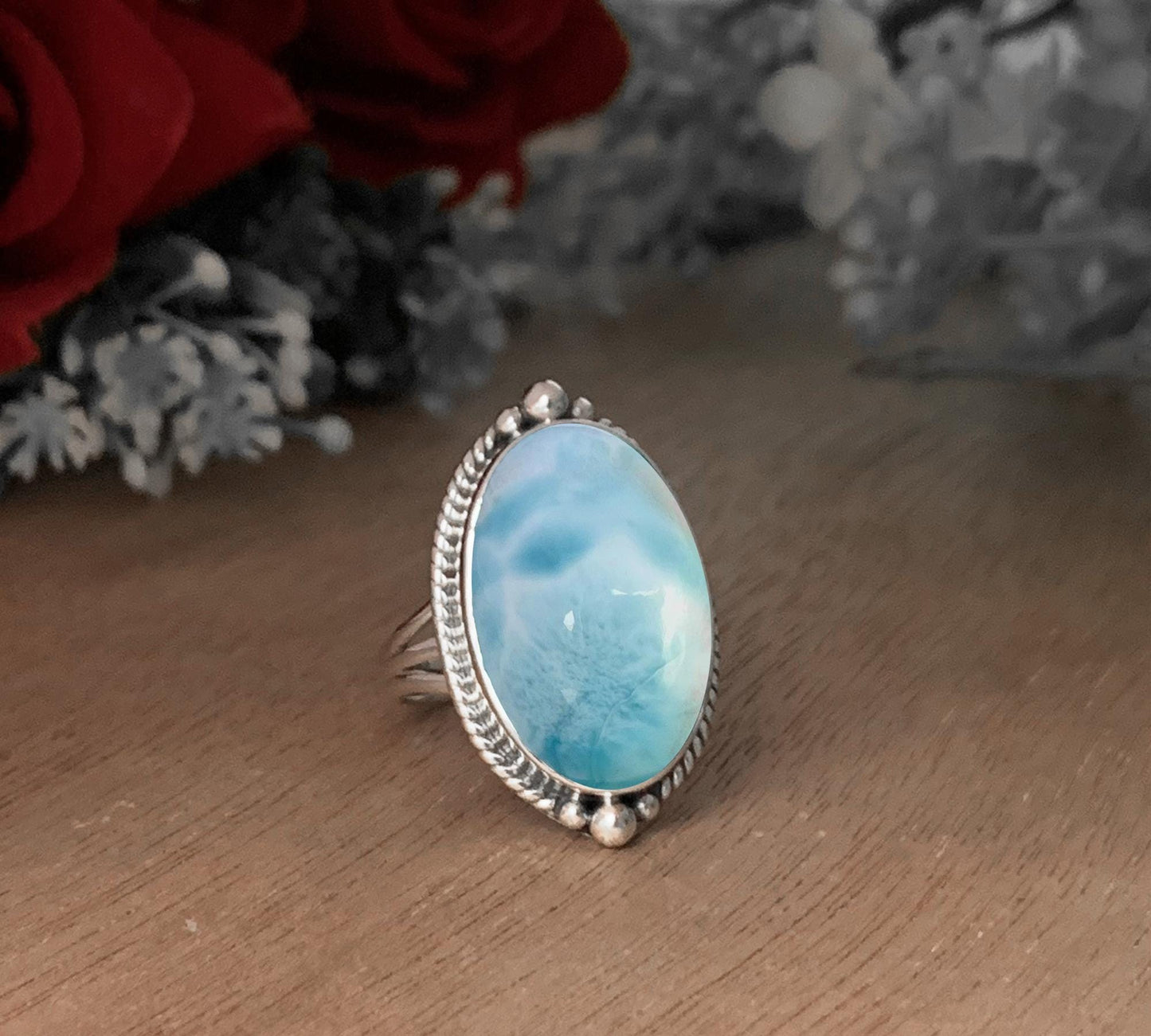 Larimar Statement Ring, Boho Sterling Silver Gemstone Ring - BeadsBoatInc