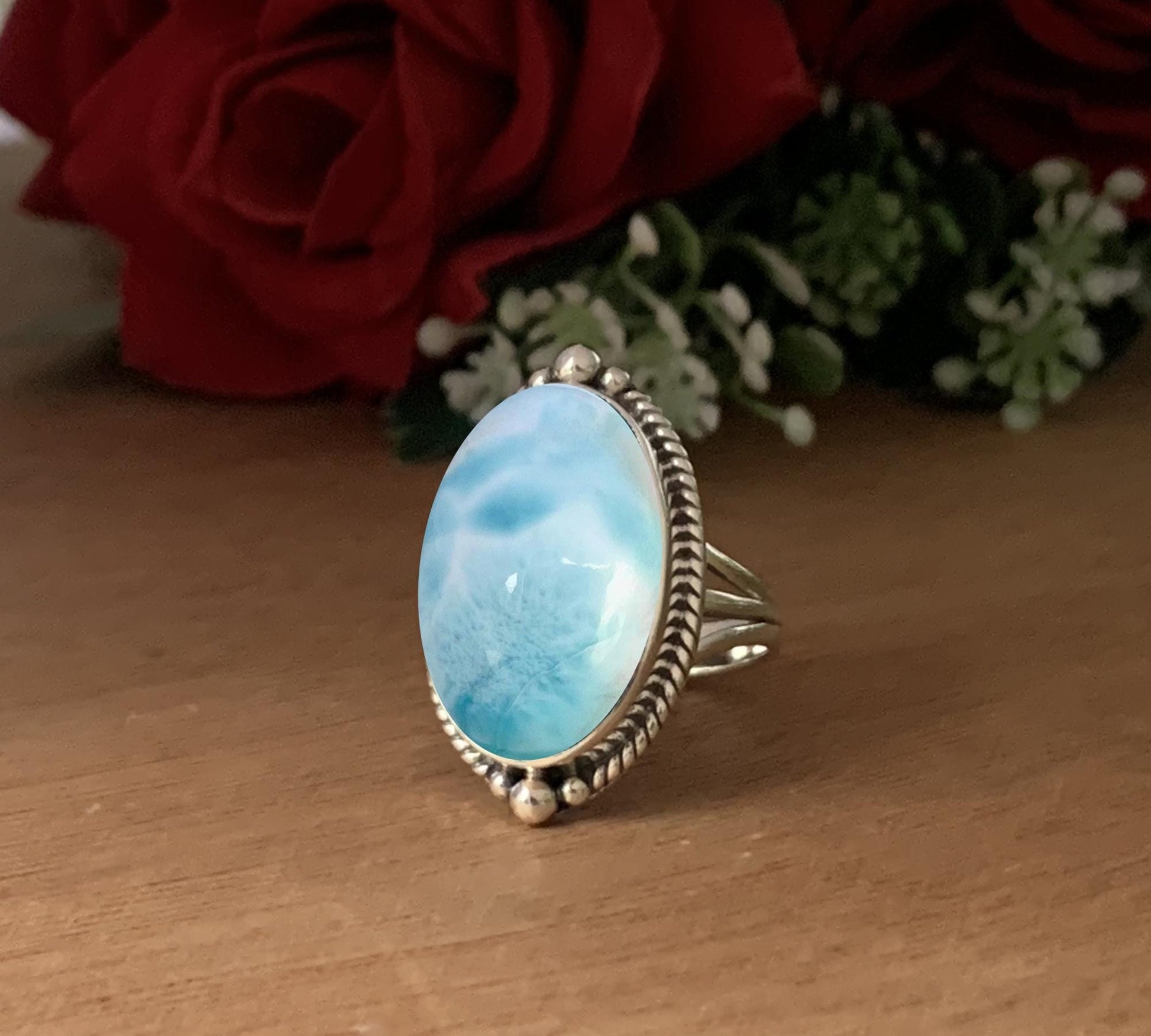 Larimar Statement Ring, Boho Sterling Silver Gemstone Ring - BeadsBoatInc