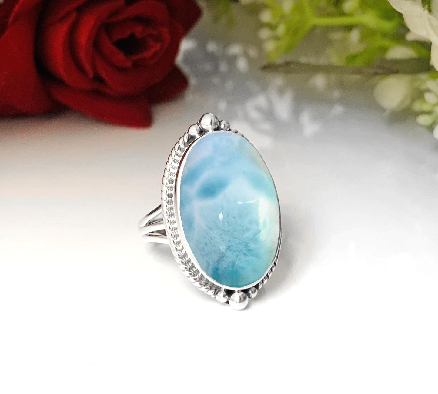 Larimar Statement Ring, Boho Sterling Silver Gemstone Ring - BeadsBoatInc