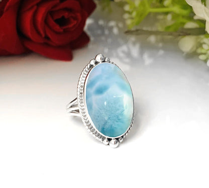 Larimar Statement Ring, Boho Sterling Silver Gemstone Ring - BeadsBoatInc