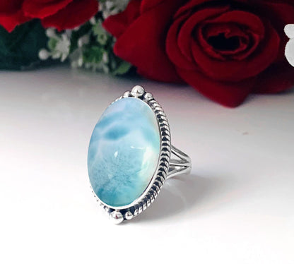 Larimar Statement Ring, Boho Sterling Silver Gemstone Ring - BeadsBoatInc
