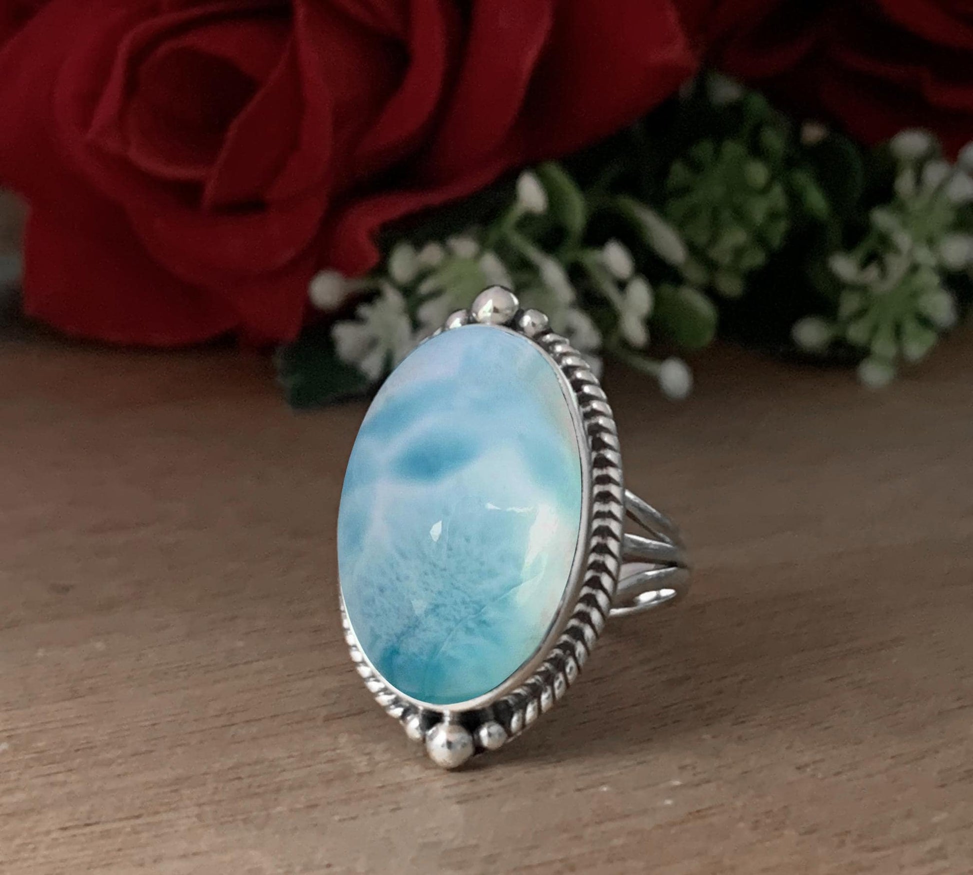 Larimar Statement Ring, Boho Sterling Silver Gemstone Ring - BeadsBoatInc