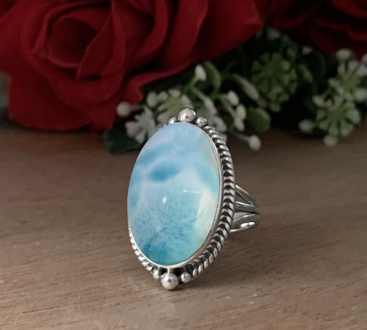 Larimar Statement Ring, Boho Sterling Silver Gemstone Ring - BeadsBoatInc