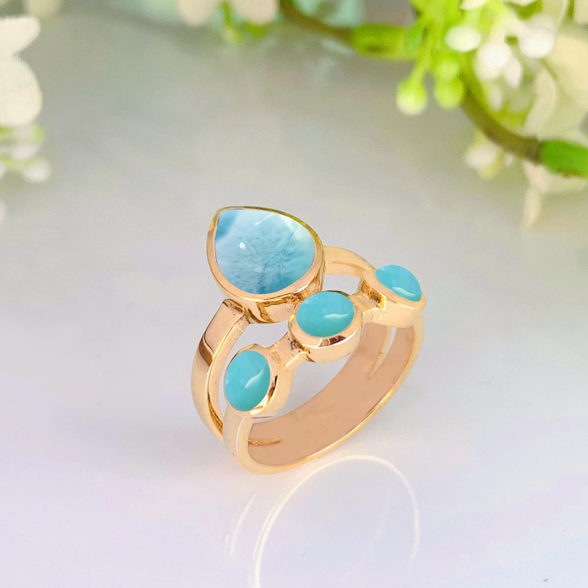 Larimar & Turquoise Chunky Gold Ring ~ Promise & Anniversary Ring for Women - BeadsBoatInc
