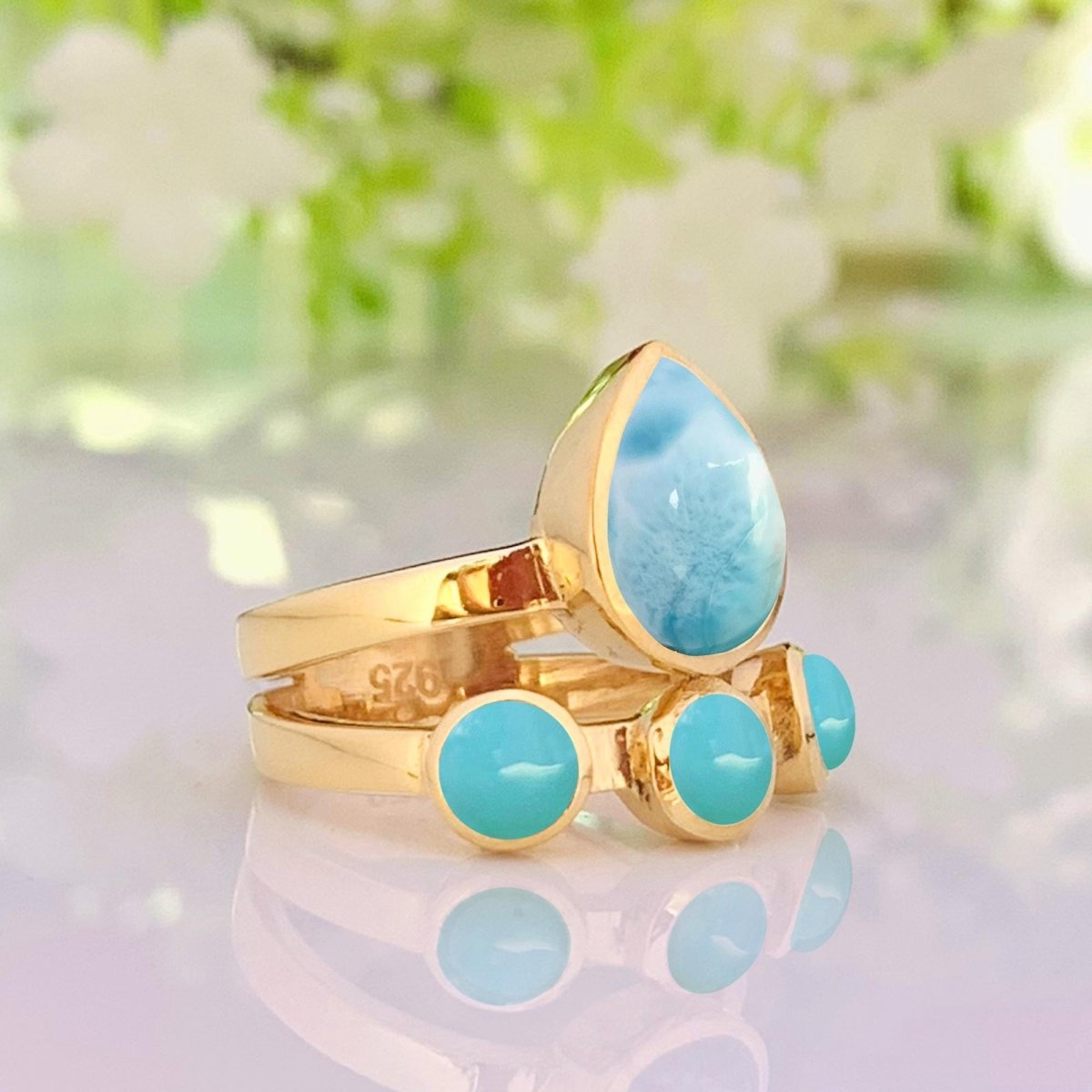 Larimar & Turquoise Chunky Gold Ring ~ Promise & Anniversary Ring for Women - BeadsBoatInc