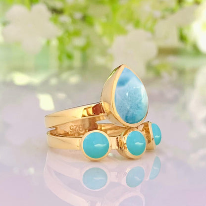 Larimar & Turquoise Chunky Gold Ring ~ Promise & Anniversary Ring for Women - BeadsBoatInc