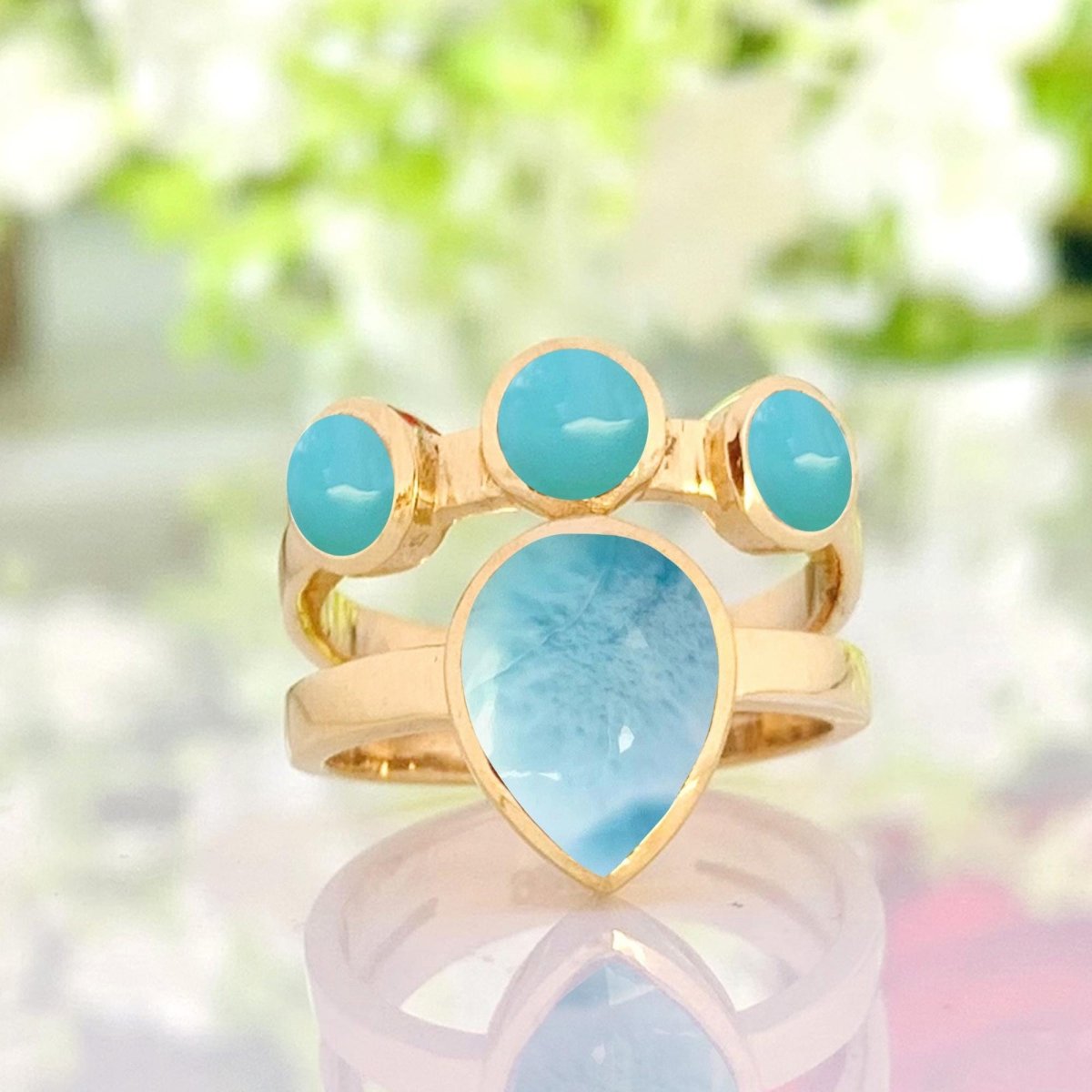 Larimar & Turquoise Chunky Gold Ring ~ Promise & Anniversary Ring for Women - BeadsBoatInc