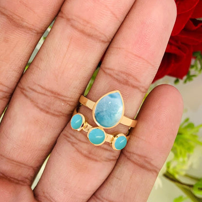 Larimar & Turquoise Chunky Gold Ring ~ Promise & Anniversary Ring for Women - BeadsBoatInc