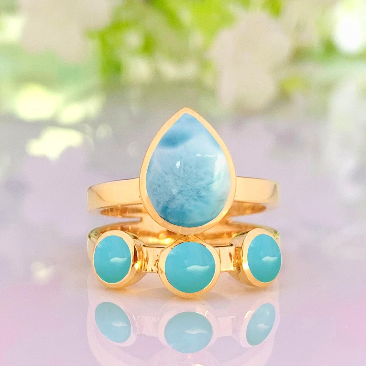 Larimar & Turquoise Chunky Gold Ring ~ Promise & Anniversary Ring for Women - BeadsBoatInc
