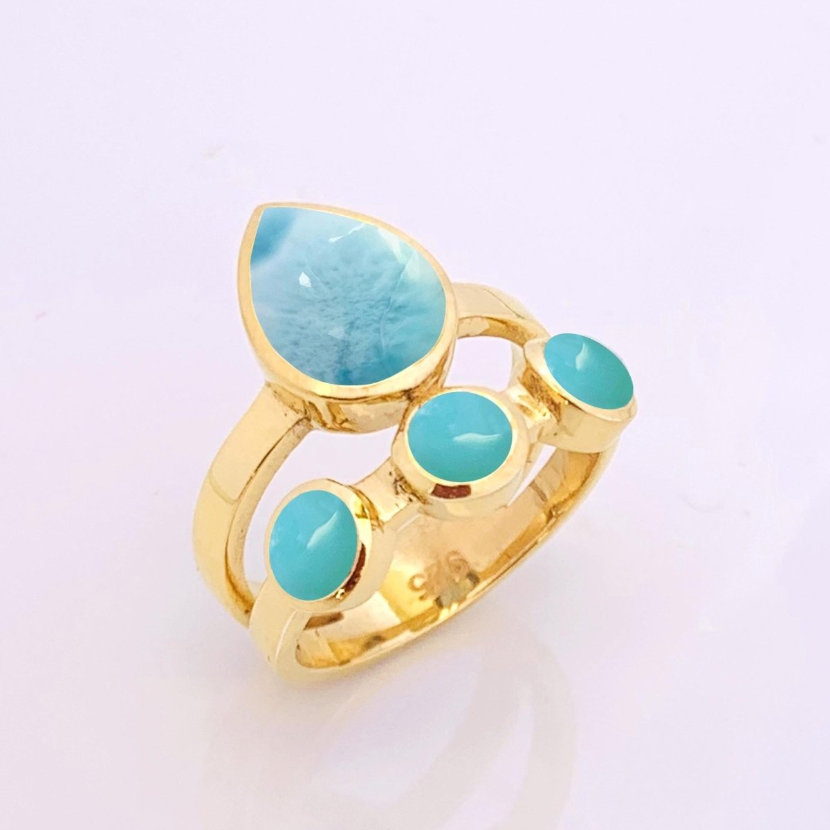 Larimar & Turquoise Chunky Gold Ring ~ Promise & Anniversary Ring for Women - BeadsBoatInc