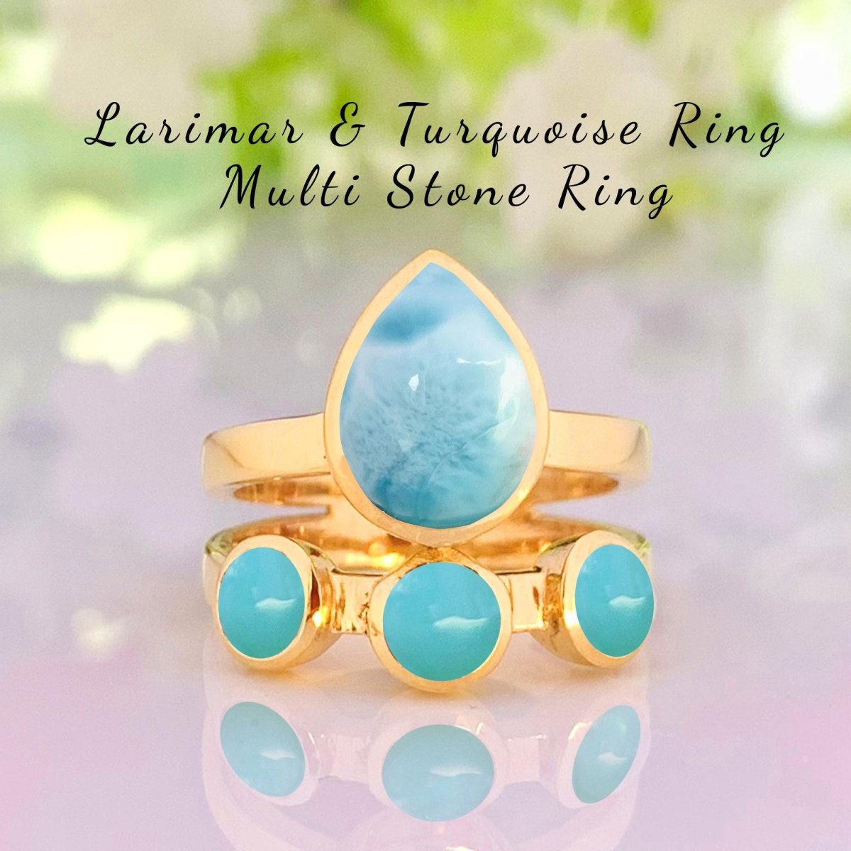 Larimar & Turquoise Chunky Gold Ring ~ Promise & Anniversary Ring for Women - BeadsBoatInc