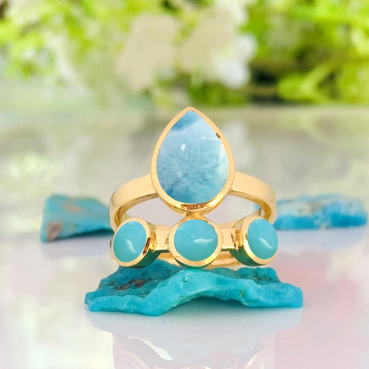 Larimar & Turquoise Chunky Gold Ring ~ Promise & Anniversary Ring for Women - BeadsBoatInc