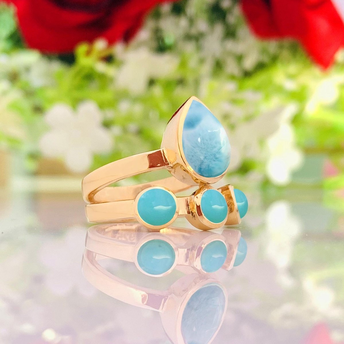 Larimar & Turquoise Chunky Gold Ring ~ Promise & Anniversary Ring for Women - BeadsBoatInc