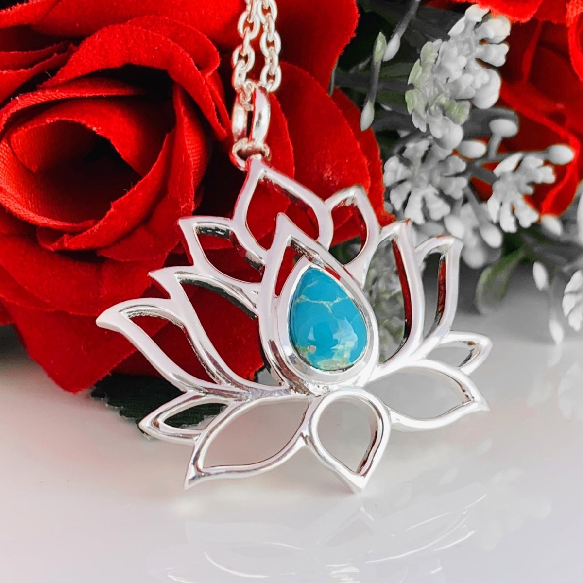 Lotus Silver Necklace Pear Turquoise Pendant - Statement Flower Boho Gift - BeadsBoatInc