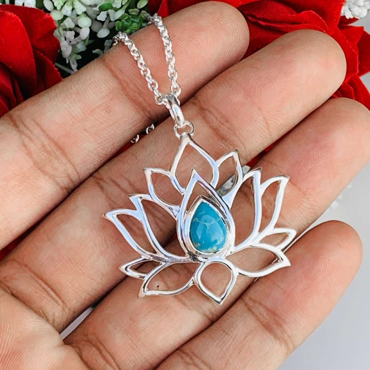 Lotus Silver Necklace Pear Turquoise Pendant - Statement Flower Boho Gift - BeadsBoatInc