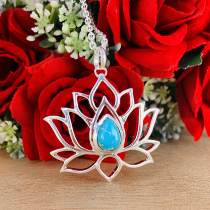 Lotus Silver Necklace Pear Turquoise Pendant - Statement Flower Boho Gift - BeadsBoatInc