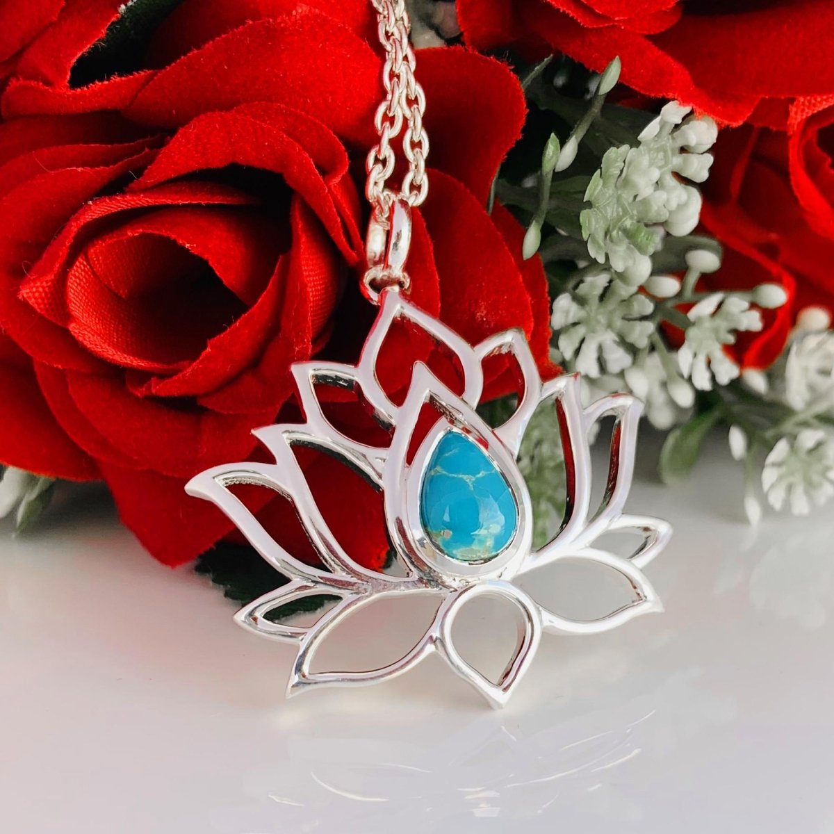 Lotus Silver Necklace Pear Turquoise Pendant - Statement Flower Boho Gift - BeadsBoatInc