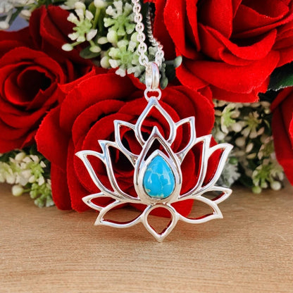 Lotus Silver Necklace Pear Turquoise Pendant - Statement Flower Boho Gift - BeadsBoatInc
