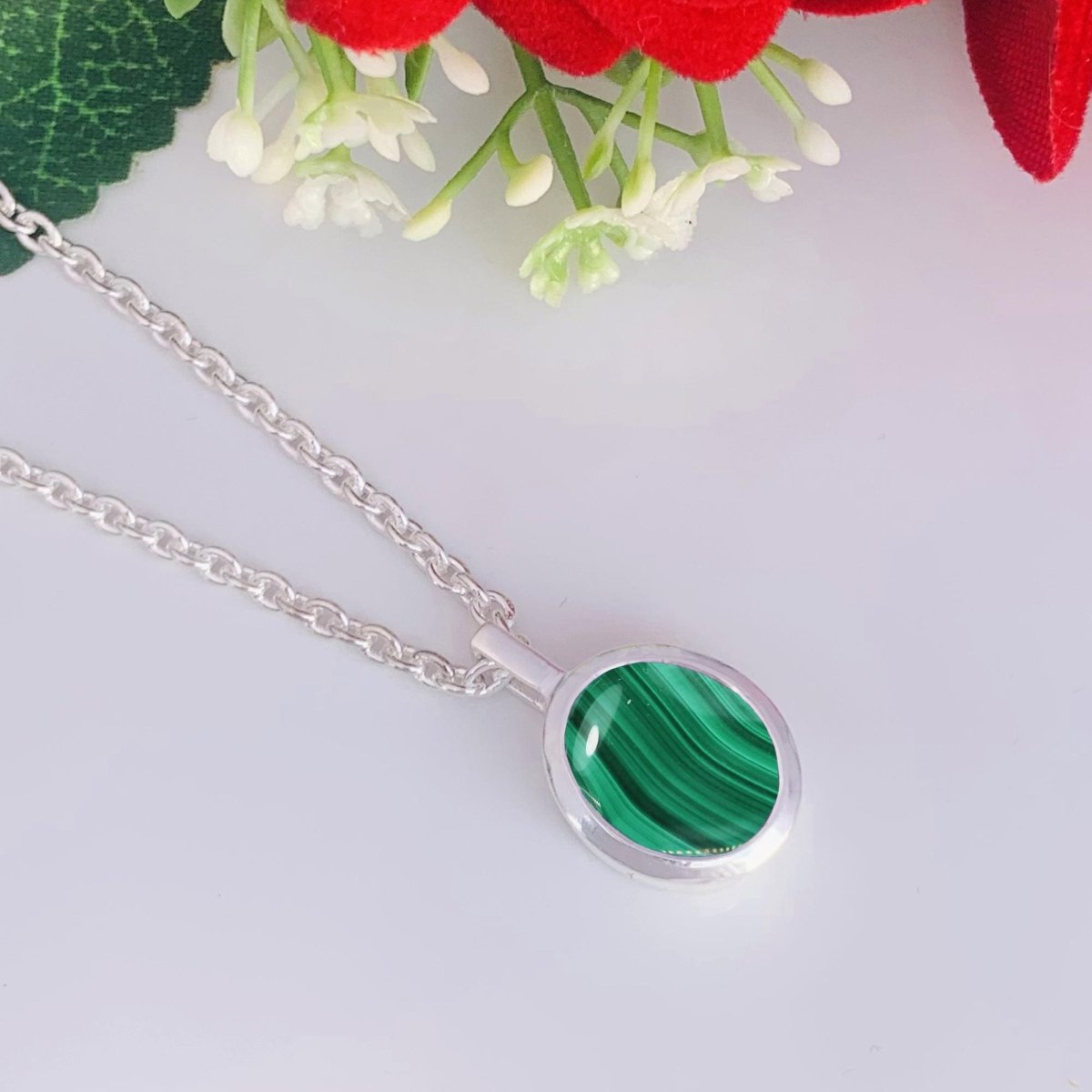 Malachite Necklace – Dainty Silver & Gold Vermeil Oval Pendant - BeadsBoatInc