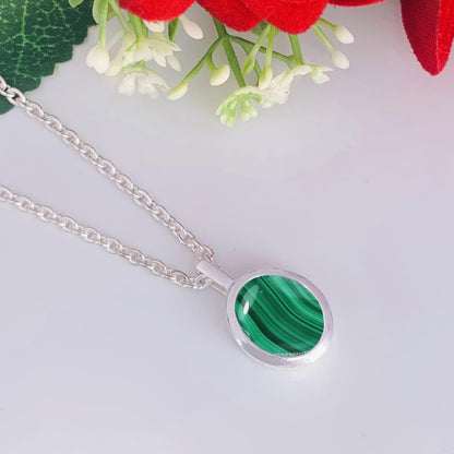 Malachite Necklace – Dainty Silver & Gold Vermeil Oval Pendant - BeadsBoatInc