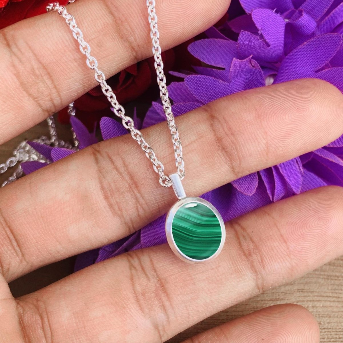 Malachite Necklace – Dainty Silver & Gold Vermeil Oval Pendant - BeadsBoatInc