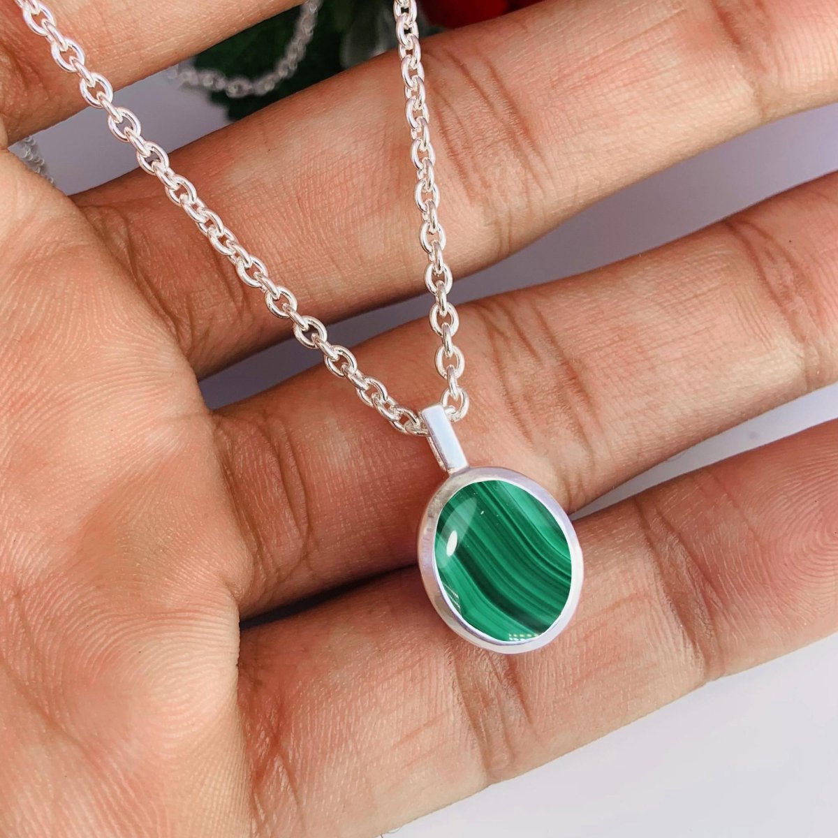 Malachite Necklace – Dainty Silver & Gold Vermeil Oval Pendant - BeadsBoatInc