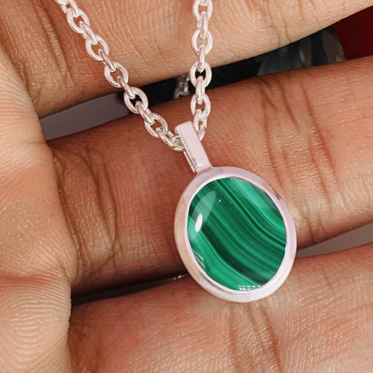 Malachite Necklace – Dainty Silver & Gold Vermeil Oval Pendant - BeadsBoatInc